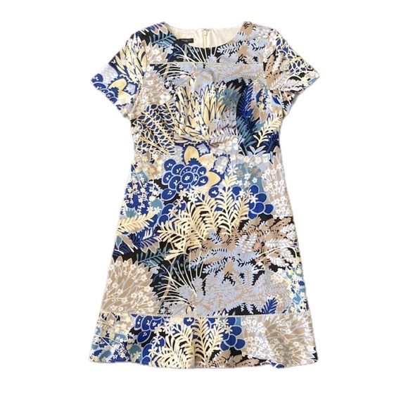 Talbots Botanical Floral Blue Multi Flounce Hem Short Sleeve Sateen Sheath 14 - Picture 5 of 7